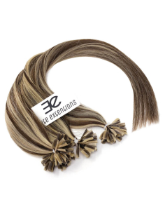Extensiones de queratina de pelo liso 50 cm - chocolate con mechas rubias