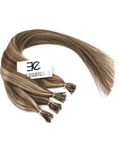 Extensiones de micro ring de pelo liso 50 cm - castaño con mechas rubias