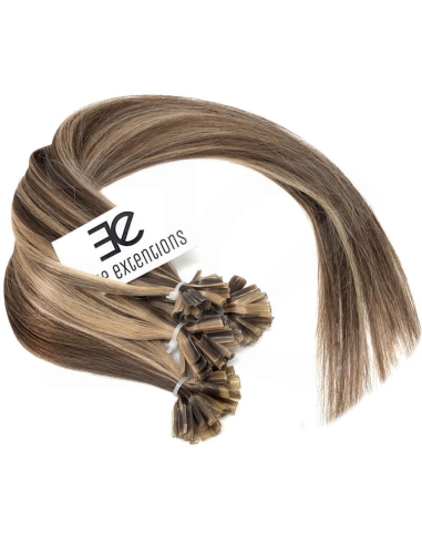 Extensiones de queratina de pelo liso 50 cm 0,85 g - castaño con mechas rubias